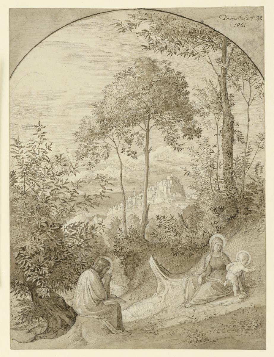 Landschaft von Olevano, im Vordergrunde die heilige Familie