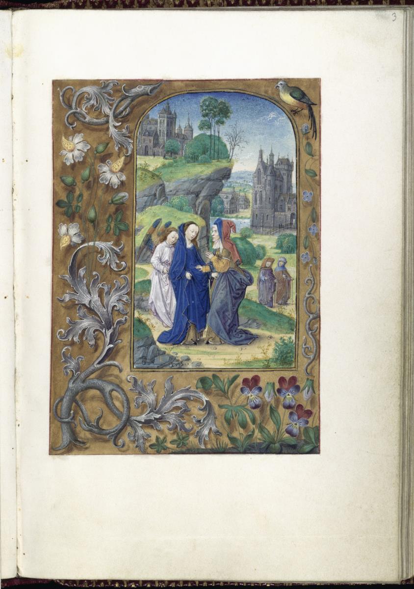 Heimsuchung Mariae in einer hügelig ansteigenden Landschaft. Hinter Maria ein Engel