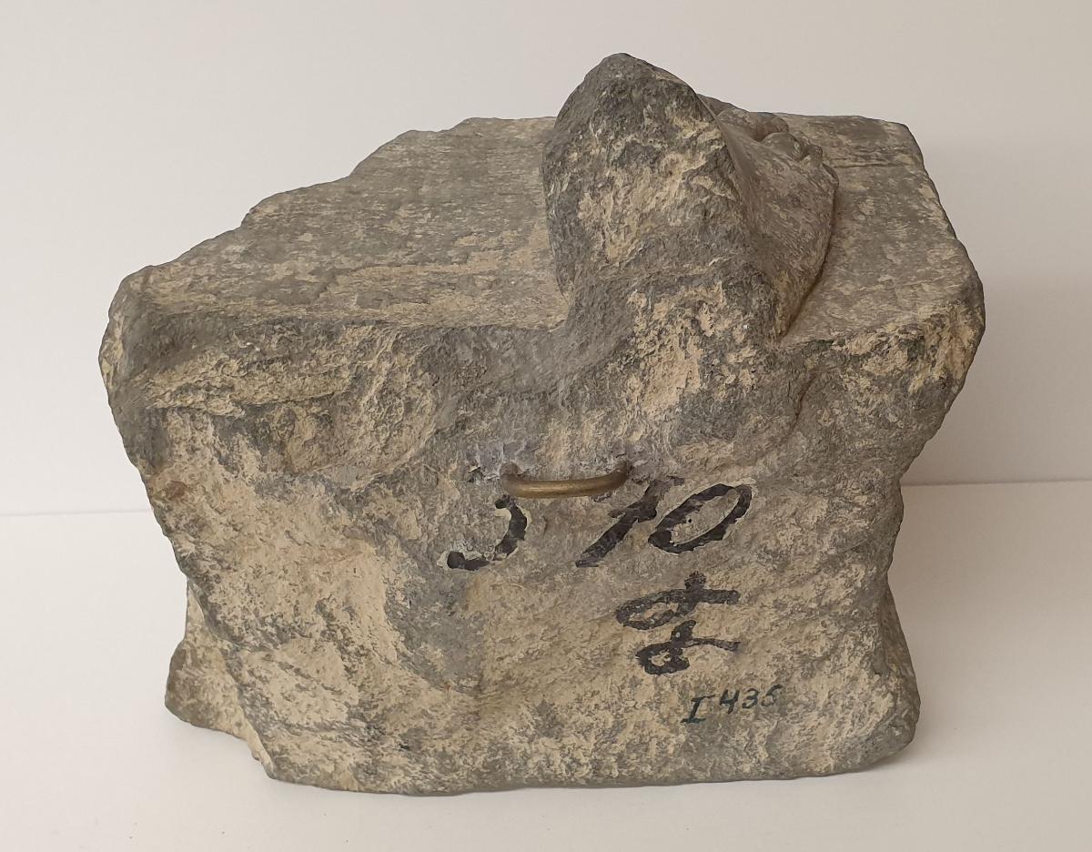 Fuß eines stehenden Buddha (Fragment).
Sockelrelief: Verehrungsszene