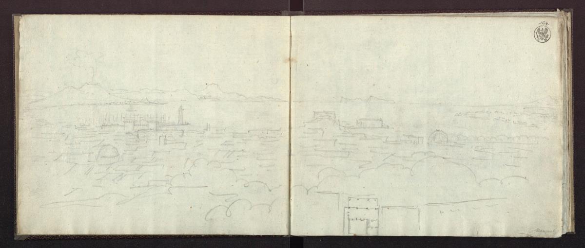 Blick vom Vomero über Neapel und den Golf zum Vesuv zur Halbinsel von Sorent mit dem Monte Sant'Angelo und Capri & Grundrissskizze mit Säulenportikus
