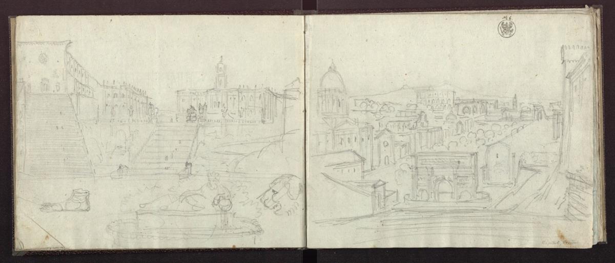 Santa Maria in Aracoeli und das Kapitol in Rom & Eine lagernde Flussgottheit & Fußfragment von einer Skulptur & Ein Löwenkopf & Blick vom Kapitol in Rom nach Osten auf das Forum mit dem Triumphbogen des Septimus Severus