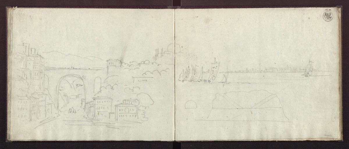 Der Ponte monumentale in Genua & Blick über die Lagune auf Venedig & Ungedeutete Skizze