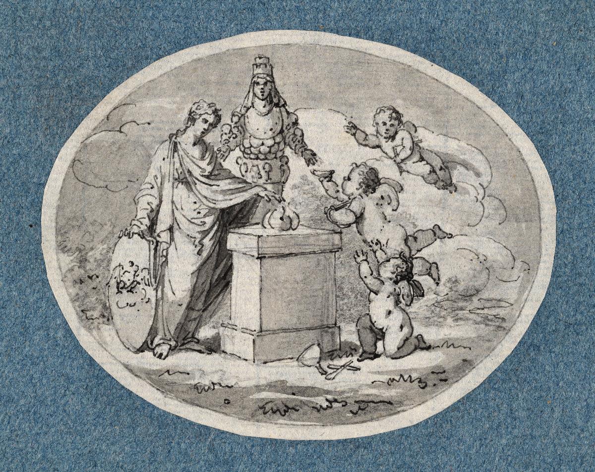Berolina und Putten neben einem Altar, hinter dem die Diana von Ephesus steht