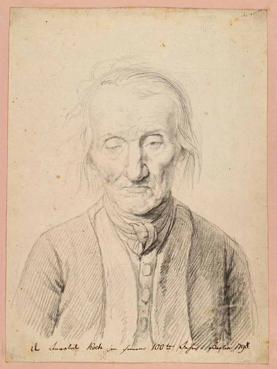 Brustbild des Invaliden Koch, von vorn, niederblickend