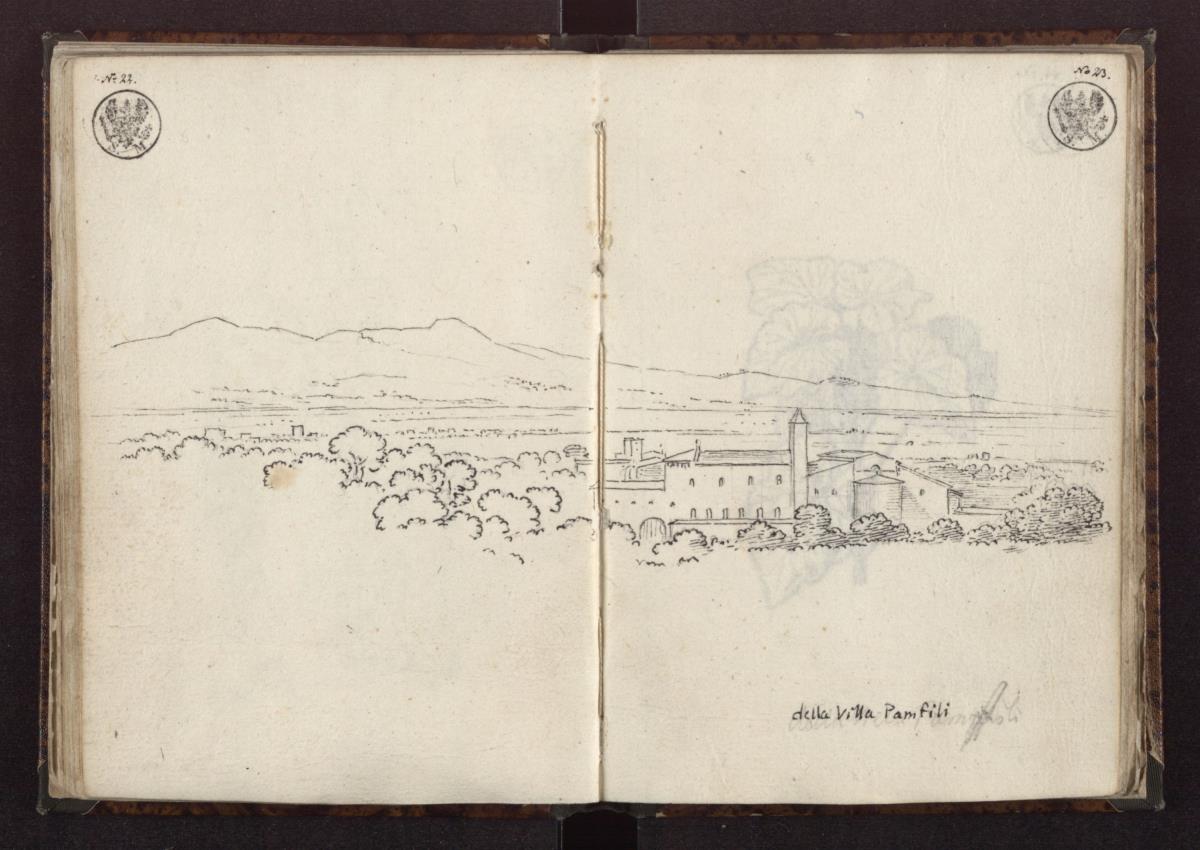 Blick von der Villa Pamphili auf das Kloster San Pancrazio und das Albanergebirge