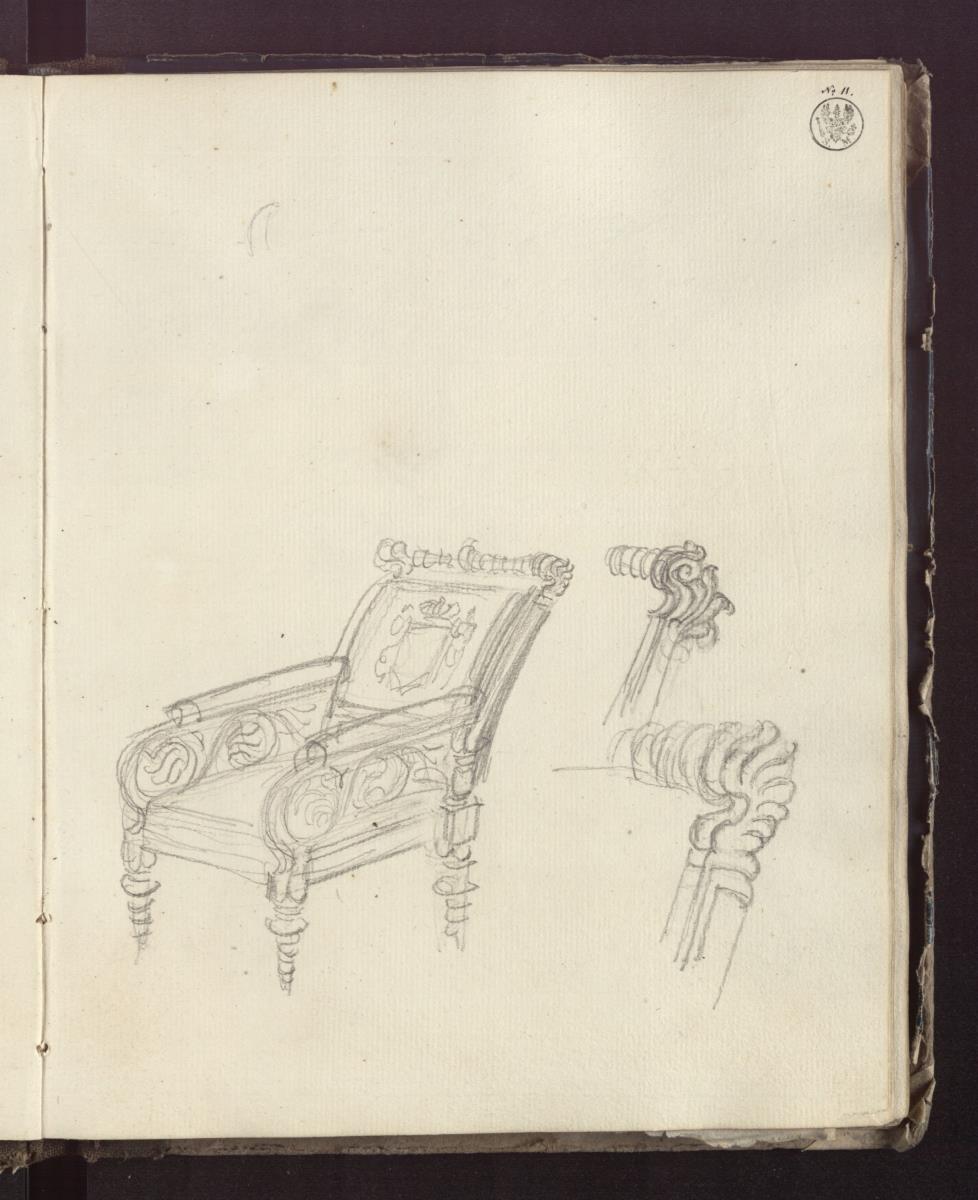 Berlin. Schloss, Wohnung des Kronprinzen Friedrich Wilhlem IV. von Preußen, Arbeitskabinett. Studien zu einem Sessel