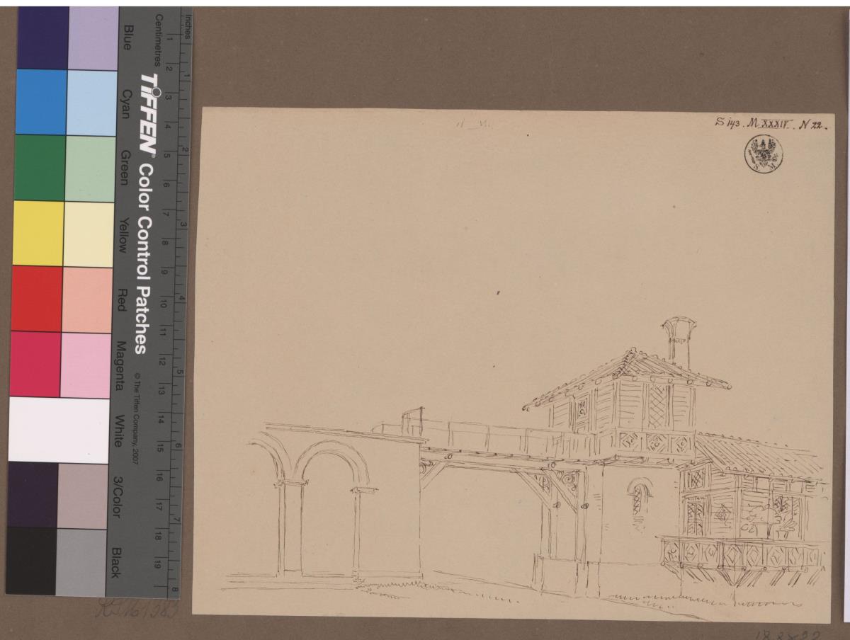 Potsdam-Sanssouci. Schloss Charlottenhof, Römische Bäder. Entwurf zum Maschinenmeisterhaus. Ansicht