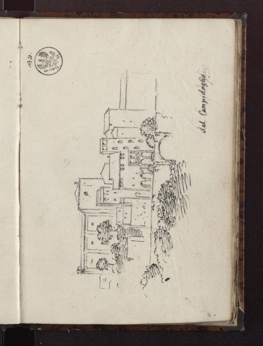 Von einer Kirche überragte Häusergruppe / Rom.Santa Maria in Aracoeli  vom Campidoglio aus