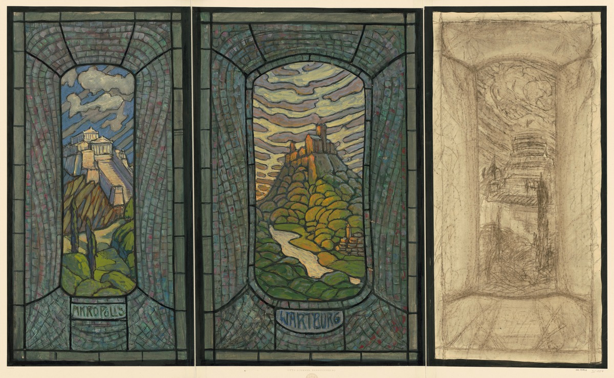 Entwurf für Glasfenster "Akropolis - Wartburg - Engelsburg"