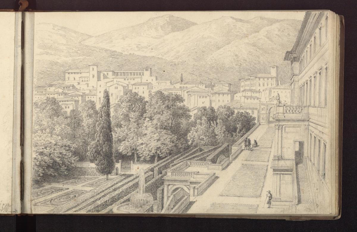 Der Garten der Villa d'Este, im Hintergrund Tivoli