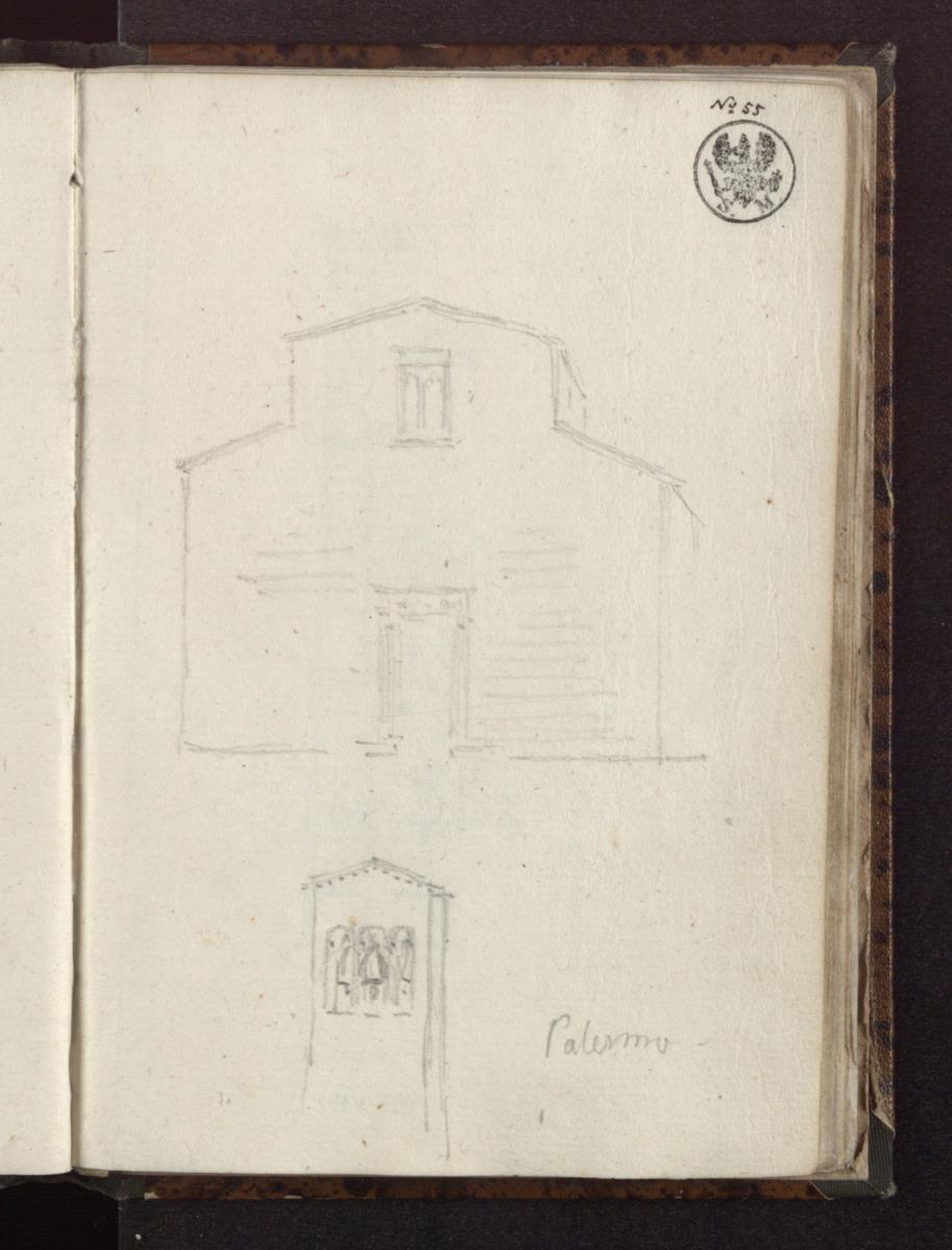 Westfassade einer frühchristlichen oder romanischen Kirche & Ein figürlich geschmückter Pfeiler (Heiligenbilder?)
