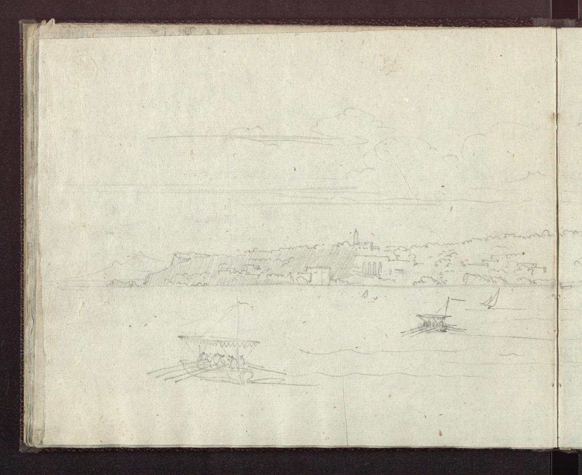 Teil einer Küste, wohl von Istrien / Blick über den Golf von Neapel auf den Posillipo vom Wasser aus