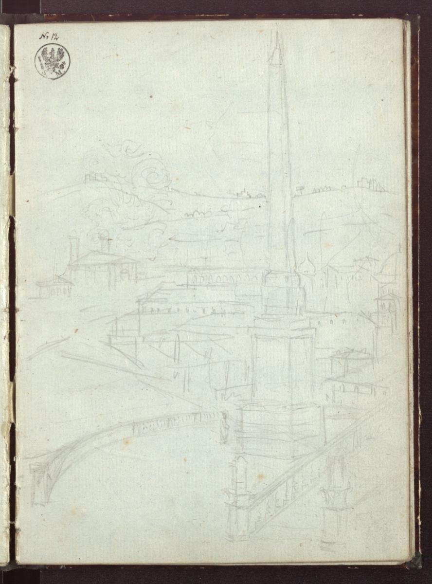 Blick aus Schinkels Wohnung auf den Obelisk vor Santa Trinità dei Monti und den Monte Mario