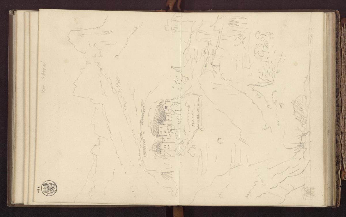 Felslandschaft mit einer Gebäudegruppe vor Altrani bei Amalfi