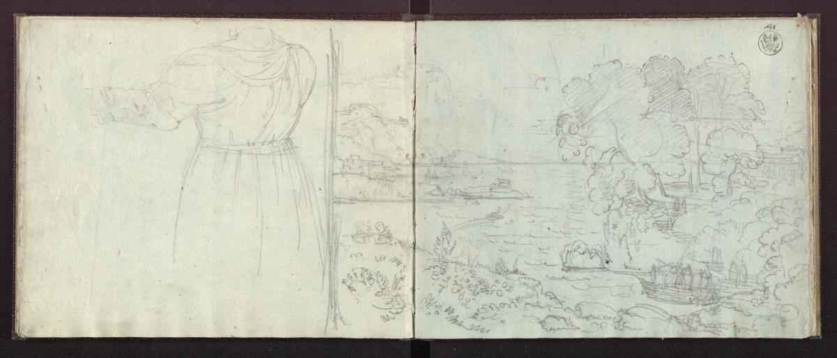 Rückenansicht einer Frau, die den linken Arm ausstreckt & Entwurf zu dem Gemälde "Blick aufs Meer bei Sonnenaufgang" von 1807 oder 1808