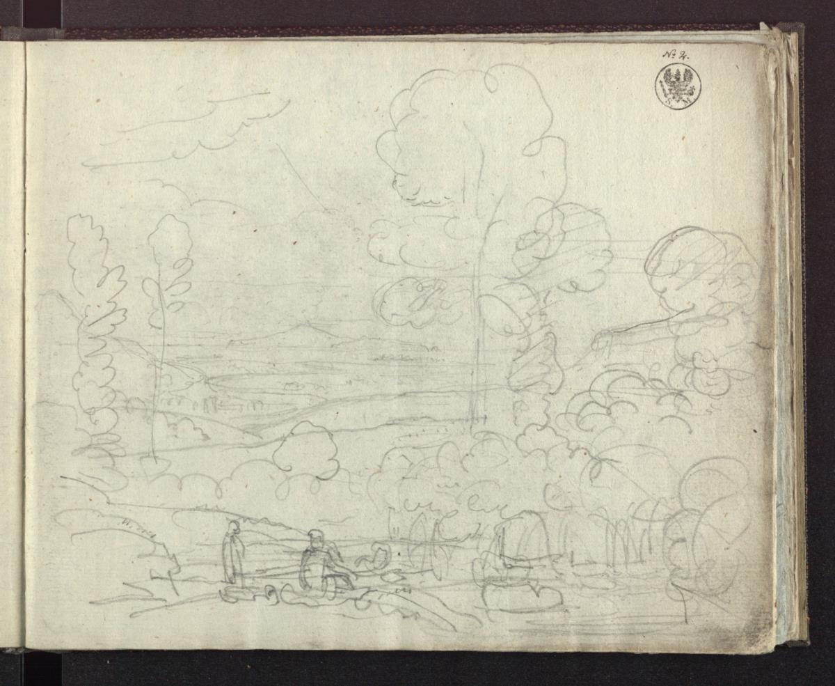 Landschaft mit zwei Staffagefiguren im Vordergrund