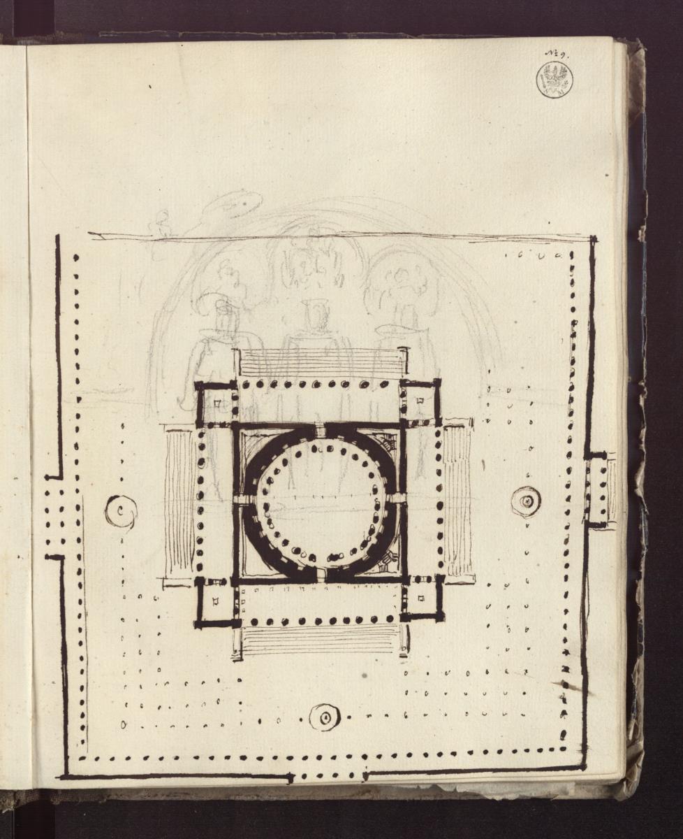 Entwurf zu einem dreifigurigen Denkmal, wohl für Luther & Grundriss zu einem monumetalen überkuppelten Bau in einem quadratischen Säulenhof
