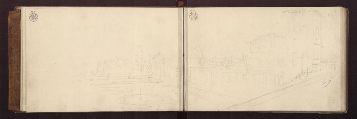 Potsdam-Sanssouci. Römische Bäder bei Schloss Charlottenhof. Blick auf das Gärtnerhaus und den Pavillon am See