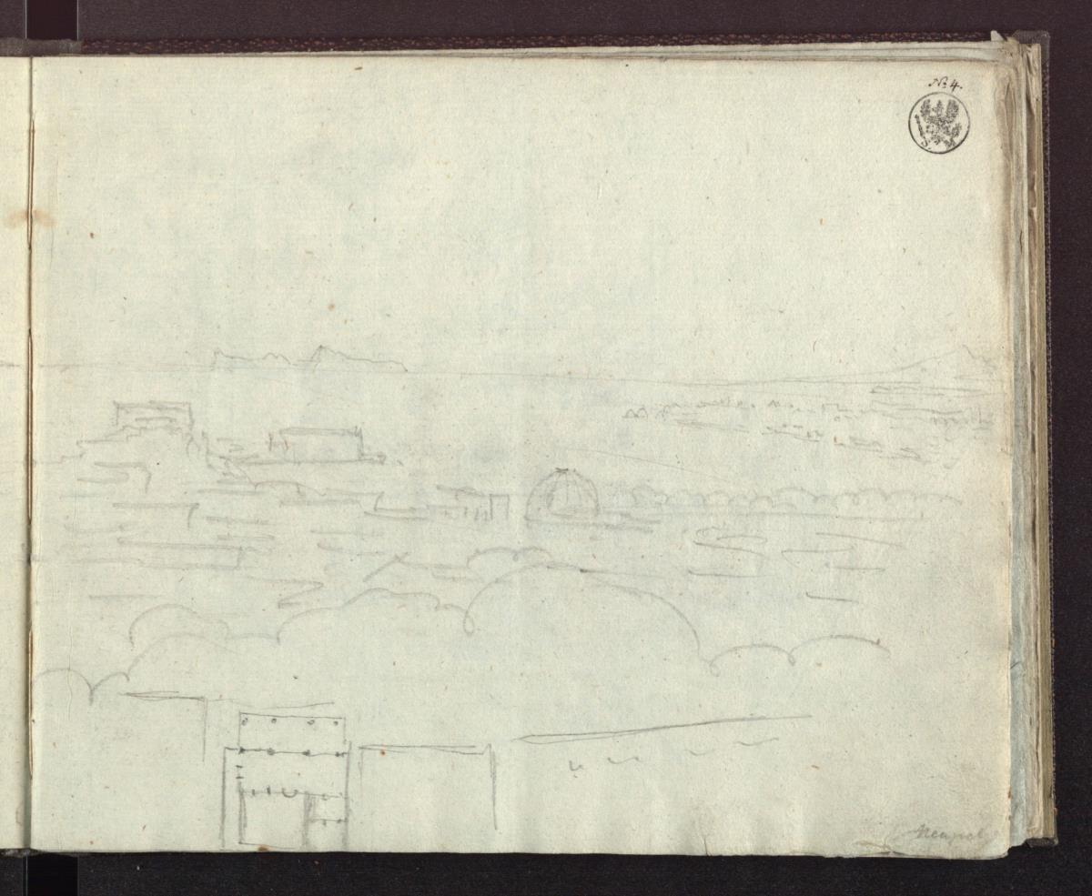 Blick vom Vomero über Neapel und den Golf zum Vesuv zur Halbinsel von Sorent mit dem Monte Sant'Angelo und Capri & Grundrissskizze mit Säulenportikus
