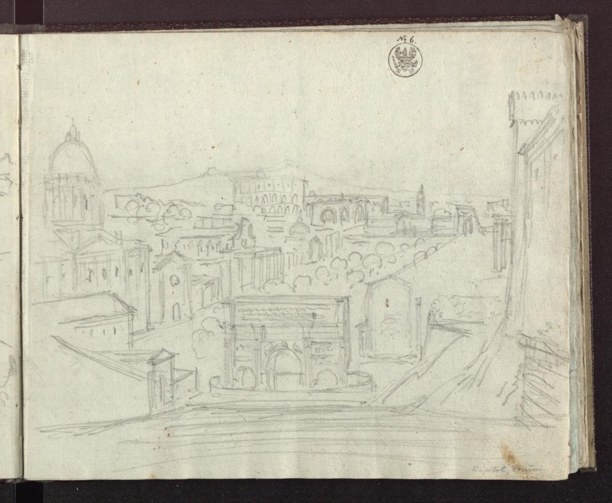 Blick vom Kapitol in Rom nach Osten auf das Forum mit dem Triumphbogen des Septimus Severus
