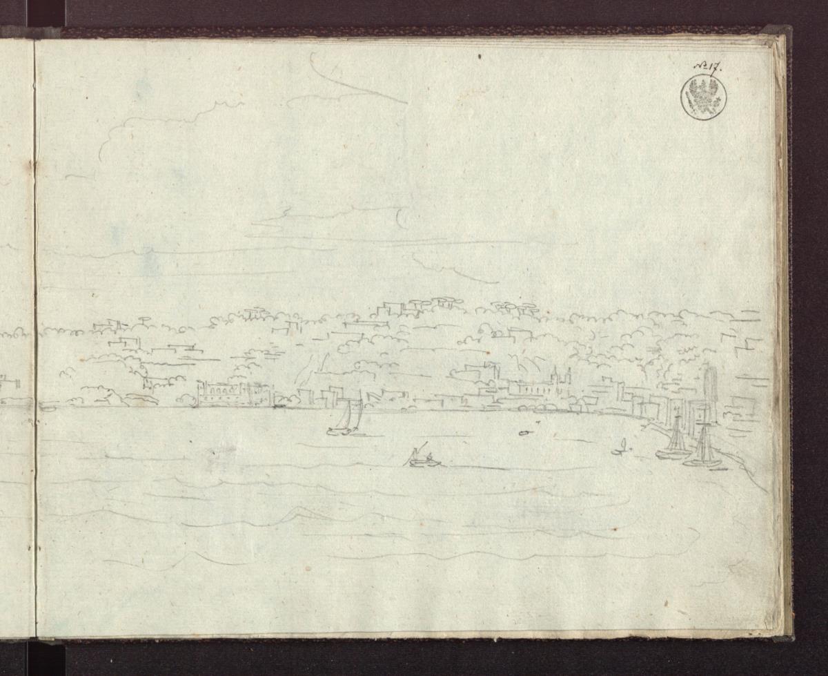 Teil einer Küste, wohl von Istrien / Blick über den Golf von Neapel auf den Posillipo vom Wasser aus