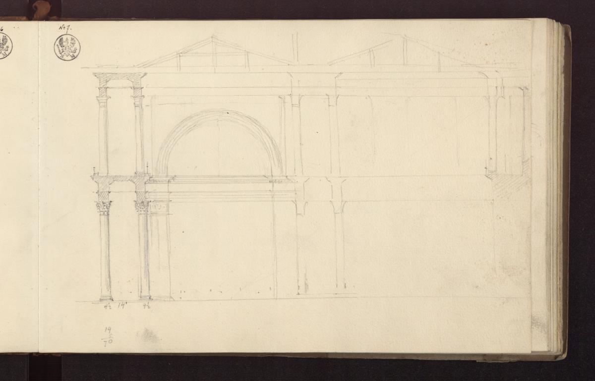 Schnitt durch eine Halle (Basilika des Vitruv?) / Schnitt durch einen zweigeschossigen italienischen Renaissancebau