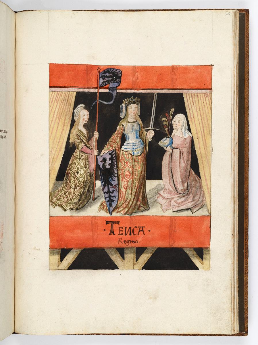 Einzug der Johanna von Kastilien in Brüssel am 9. Dezember 1496: Lebende Bilder: Theuca regina mit zwei Frauen, die ihr Helm und Lanze halten
