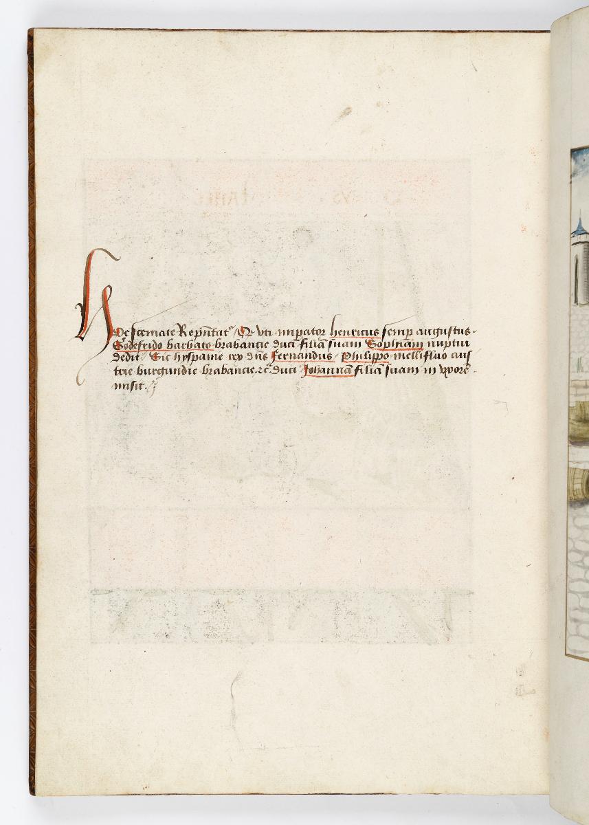 Einzug der Johanna von Kastilien in Brüssel am 9. Dezember 1496: Lebende Bilder: Kommentar zu Drei sitzende Jungfrauen, von denen die mittlere an einer Schnur eine Taube herablässt, welche eine Krone hält. Links Ausblick auf den Kanal einer Stadt