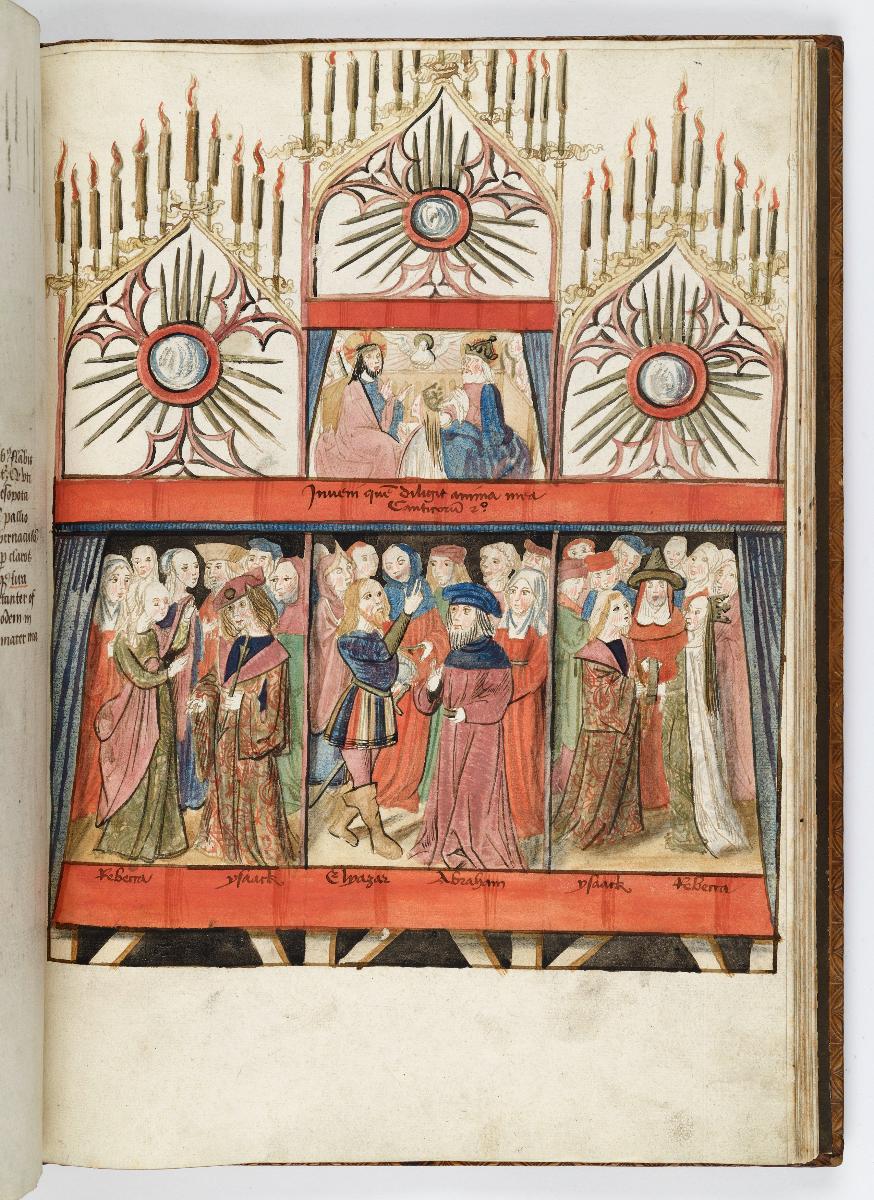 Einzug der Johanna von Kastilien in Brüssel am 9. Dezember 1496: Lebende Bilder: Dreiteilige Bühne, links und rechts Isaak mit Rebekka, in der Mitte Abraham und Elieser, darüber in einem vierten Bild die Hl. Dreifaltigkeit
