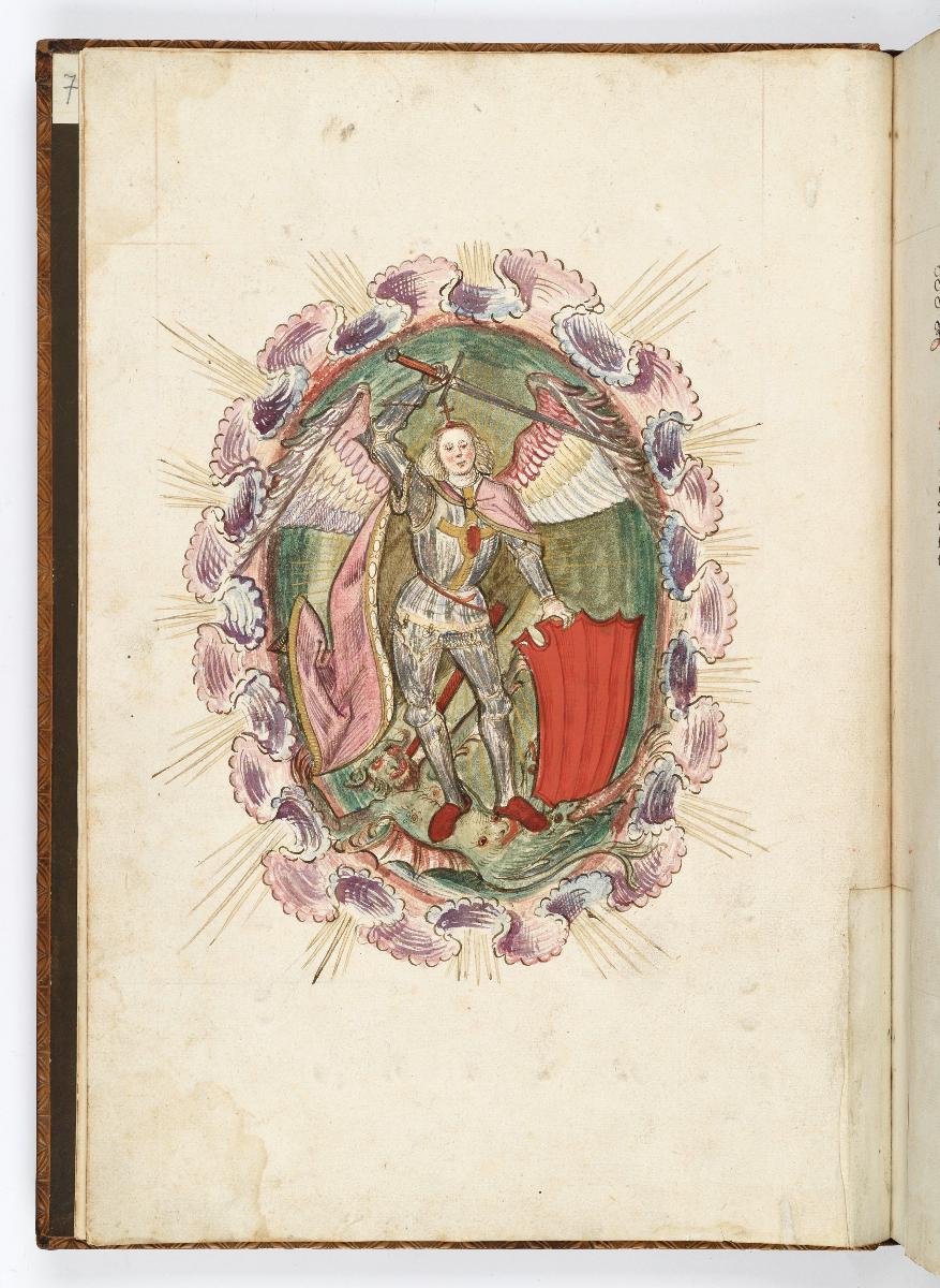 Einzug der Johanna von Kastilien in Brüssel am 9. Dezember 1496: Der Erzengel Michael mit erhobenem Schwert über dem Teufel, umgeben von einem Wolkenkranz