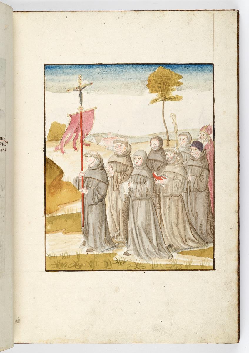 Einzug der Johanna von Kastilien in Brüssel am 9. Dezember 1496: Minoriten mit roter Fahne in hügeliger Landschaft