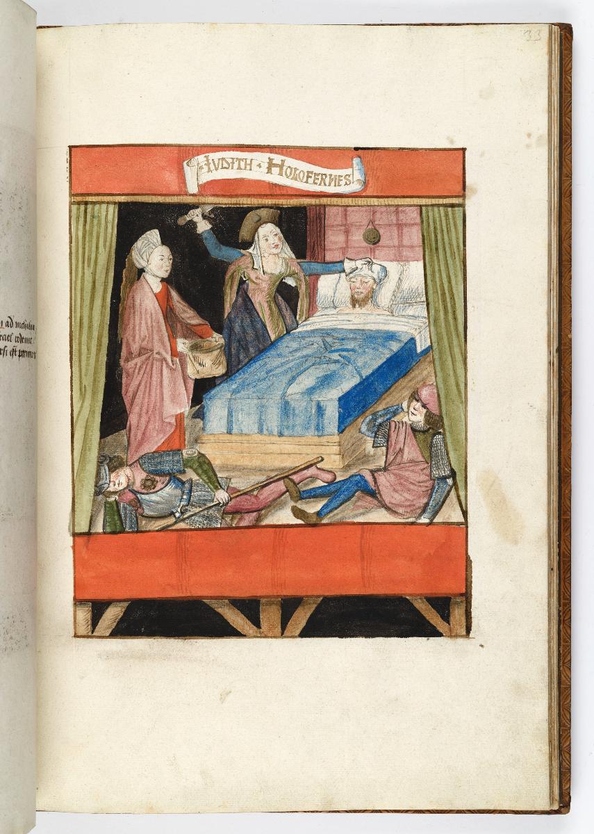Einzug der Johanna von Kastilien in Brüssel am 9. Dezember 1496: Lebende Bilder: Tod des Holofernes, dem Judith das Haupt abschlägt. vorn zwei schlafende Soldaten
