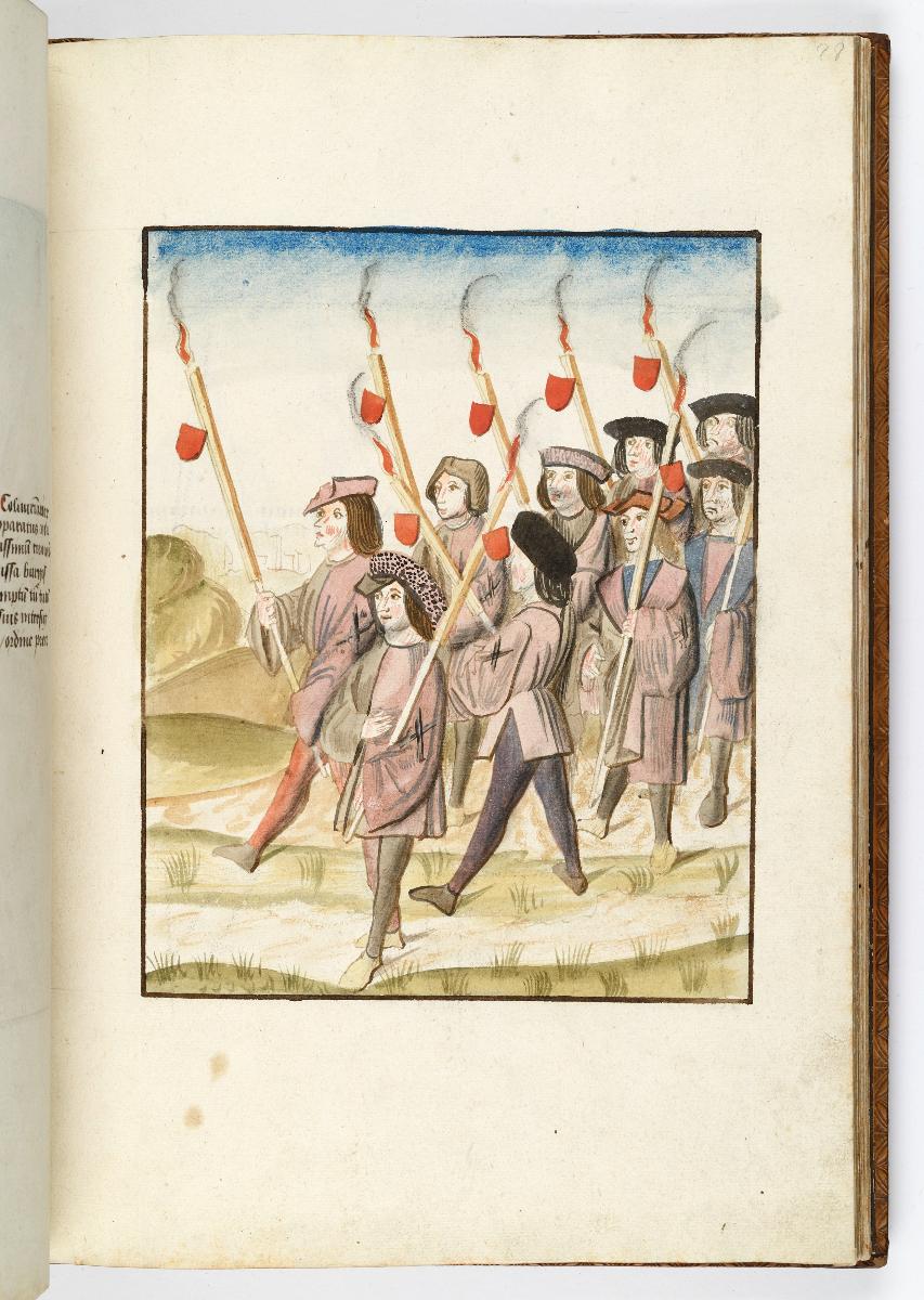 Einzug der Johanna von Kastilien in Brüssel am 9. Dezember 1496: Zwei Reihen rot gekleideter Fackelträger