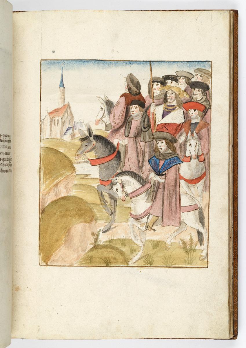 Einzug der Johanna von Kastilien in Brüssel am 9. Dezember 1496: Weitere Räte zu Pferd. Im Hintergrund links eine Kirche
