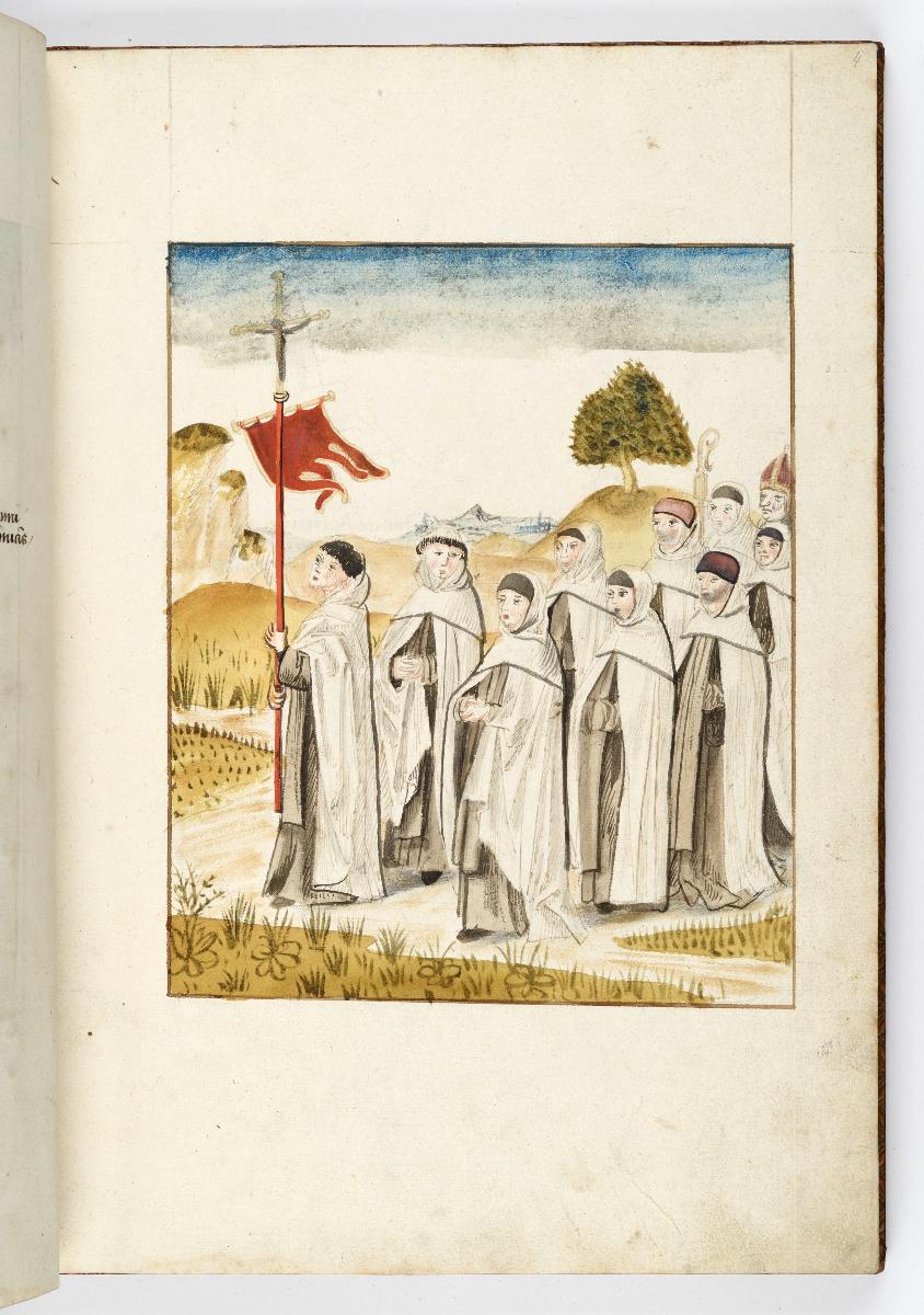Einzug der Johanna von Kastilien in Brüssel am 9. Dezember 1496: Karmelitermönche mit roter Fahne in hügeliger Landschaft