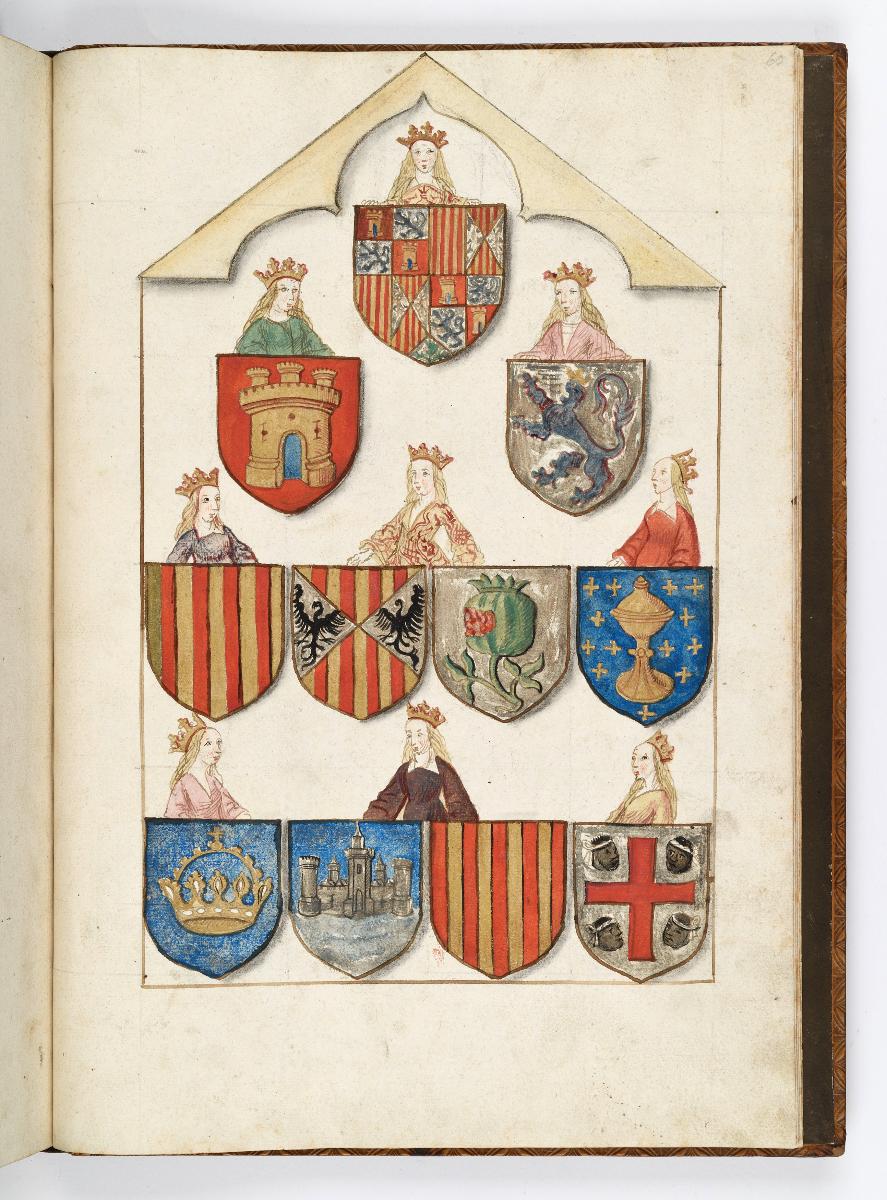Einzug der Johanna von Kastilien in Brüssel am 9. Dezember 1496: Die Wappen Philipps und der Johanna von Österreich in einem Rahmen mit gekrönten weiblichen Halbfiguren als Wappenhalterinnen