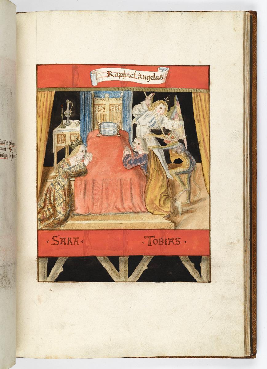 Einzug der Johanna von Kastilien in Brüssel am 9. Dezember 1496: Lebende Bilder: Vermählung von Sara und Tobias vor dem blinden Tobit. Hinter Tobias der Engel