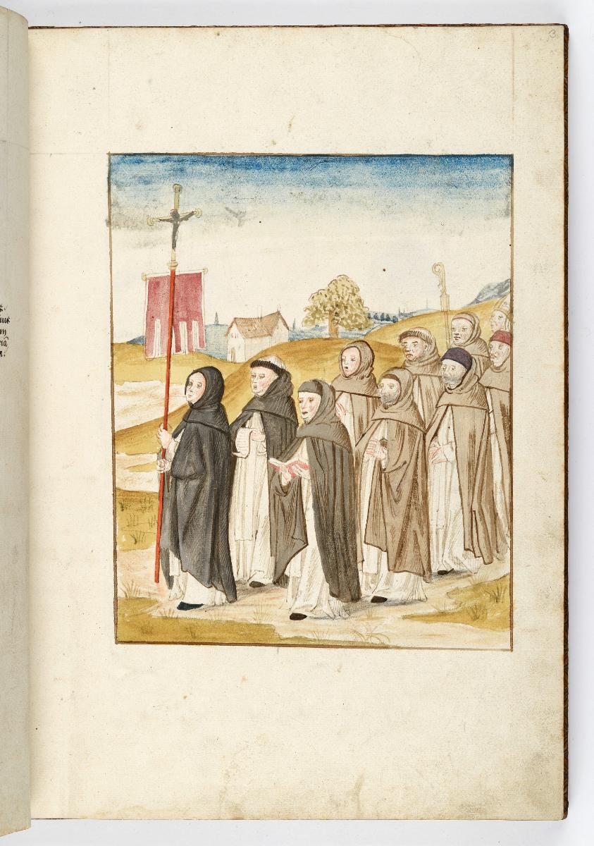 Einzug der Johanna von Kastilien in Brüssel am 9. Dezember 1496: Beginn des Festzuges. Geistliche Scholaren mit einer roten Fahne schreiten nach links. Im Hintergrund eine Stadt