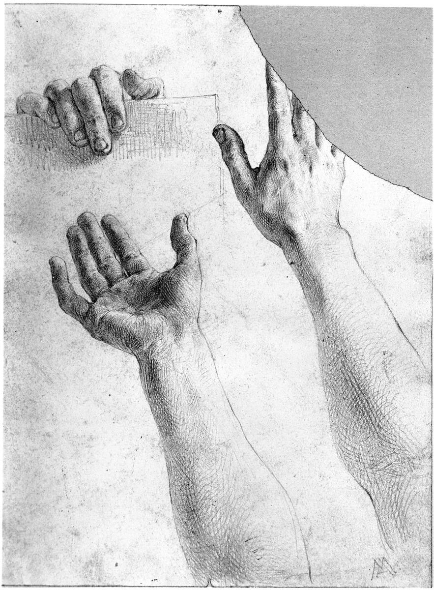 Zwei ausgestreckte Arme, Finger einer übergreifenden Hand