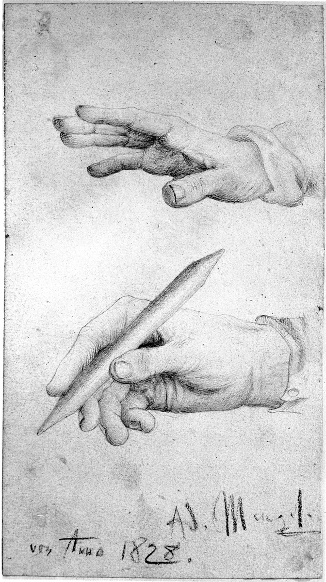 Ausgestreckte rechte Hand, rechte Hand einen Stift haltend