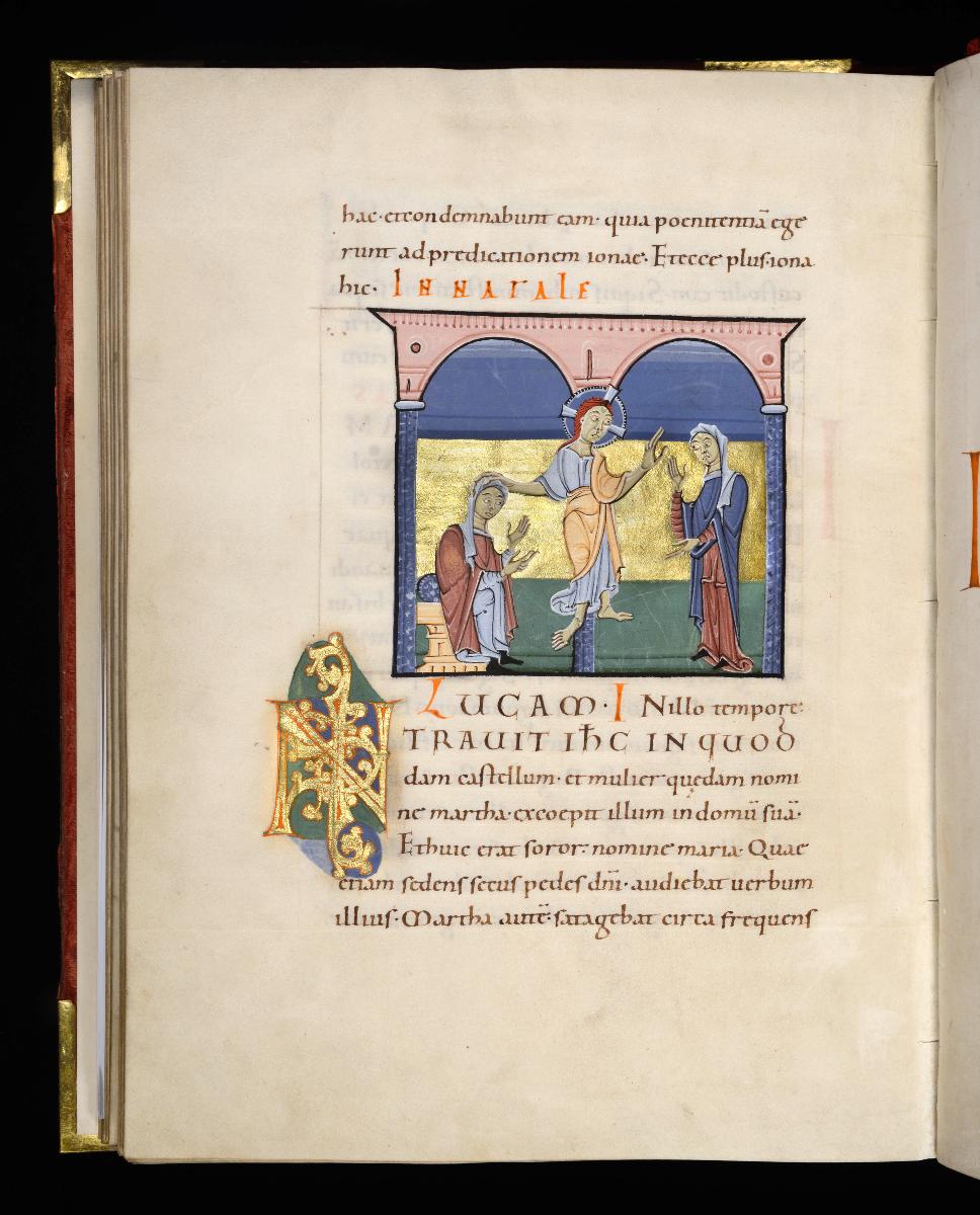Evangelistar Heinrichs IV. (?), Christus bei Maria und Martha unter einer doppelten Bogenstellung