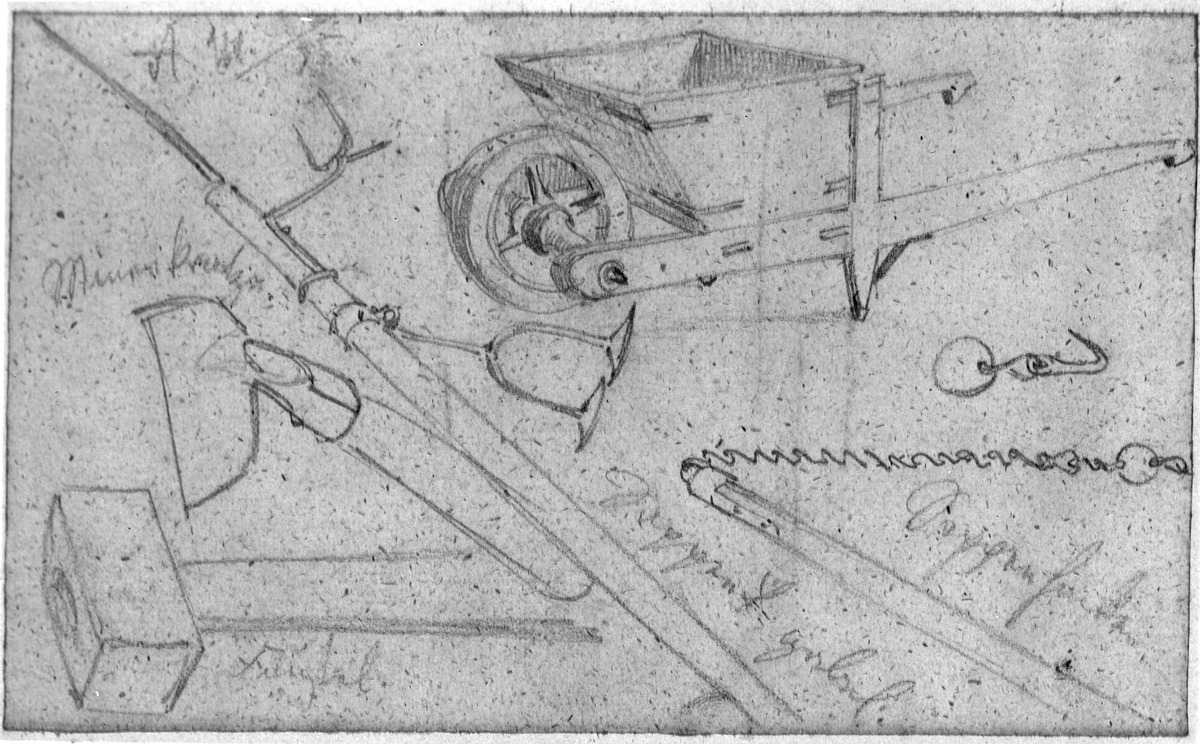Karre, Minenkratze, Faustel, Sappeurgabel und -haken