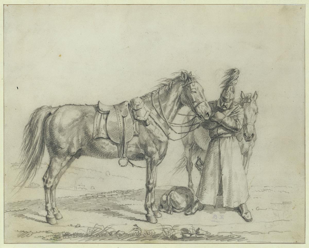Kavallerist mit Pferden und Hund