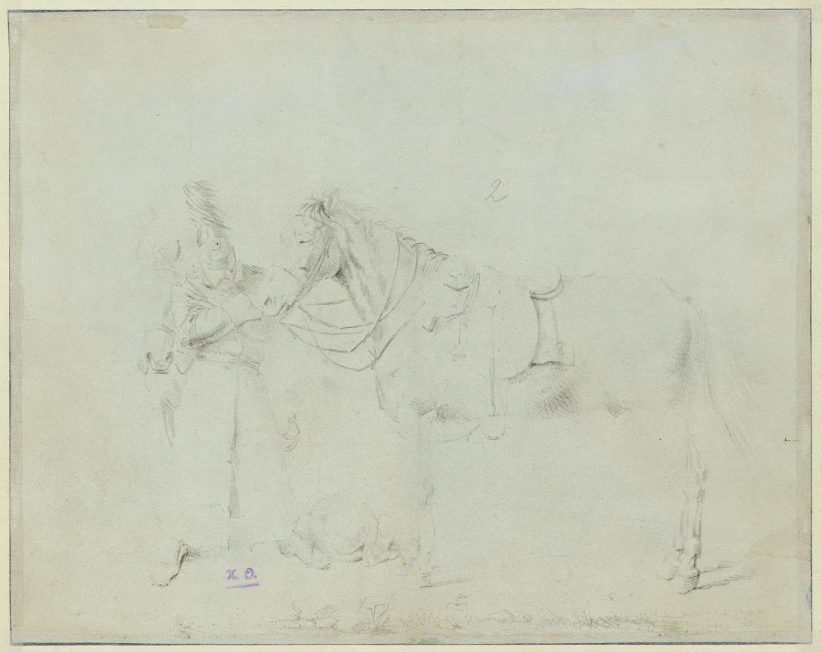 Kavallerist mit Pferden und Hund