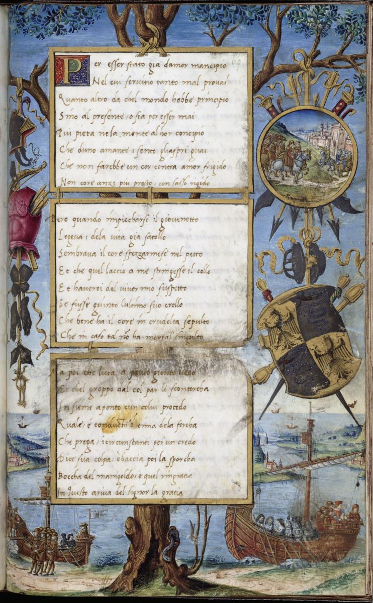 Gaspare Visconti, Romanzo di Paolo e Daria (Li due amanti Paolo e Daria): Goldumrahmte Tafeln an einem Baum vor Seelandschaft