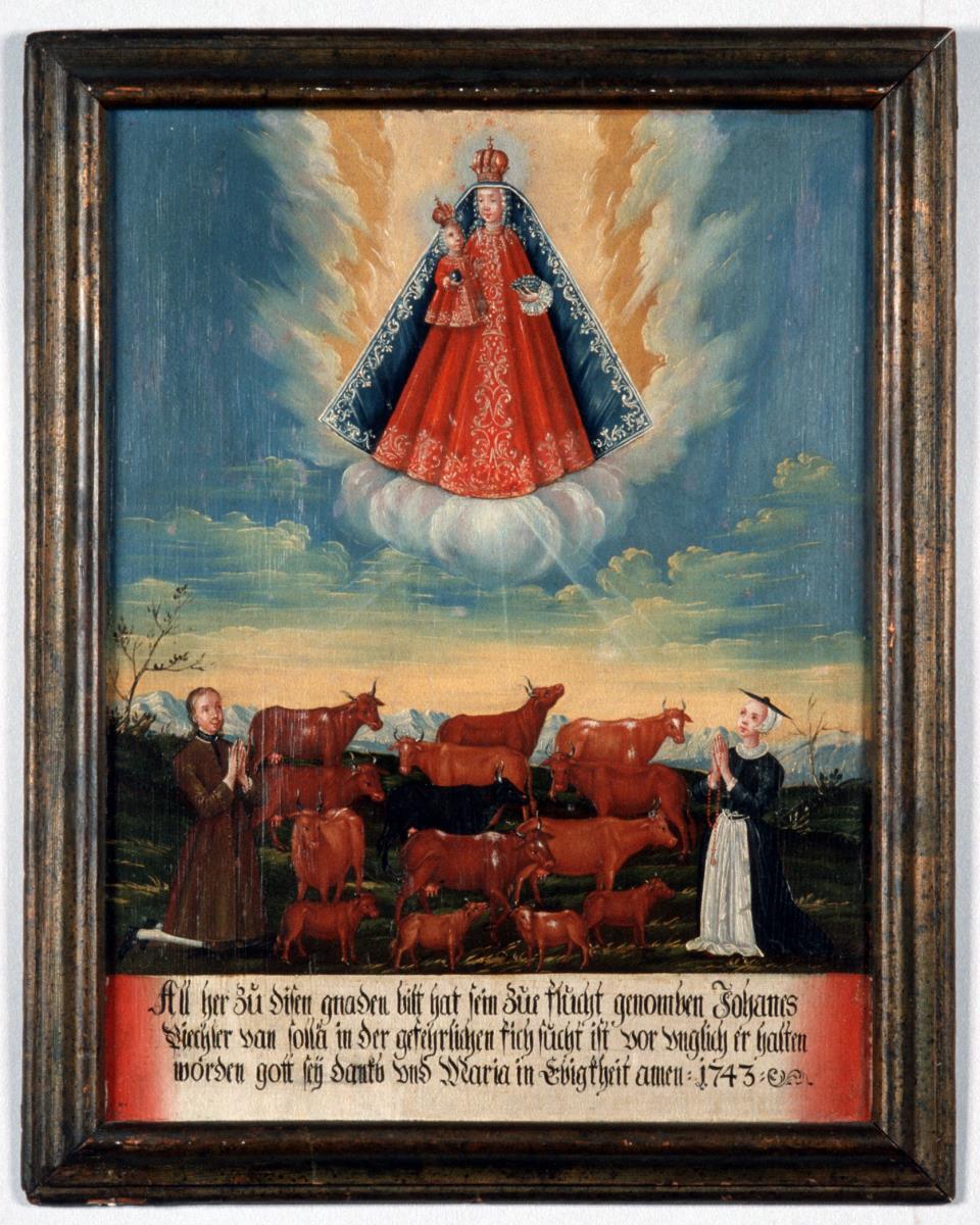 All her Zu Disen gnaden bilt hat sein Zue flucht genomben Johanes Piechlar van sollä in der gefehrlichen fichsucht ist vor unglich er halten worden gott sey Dankb und  Maria in Ebigkheit amen: 1743.