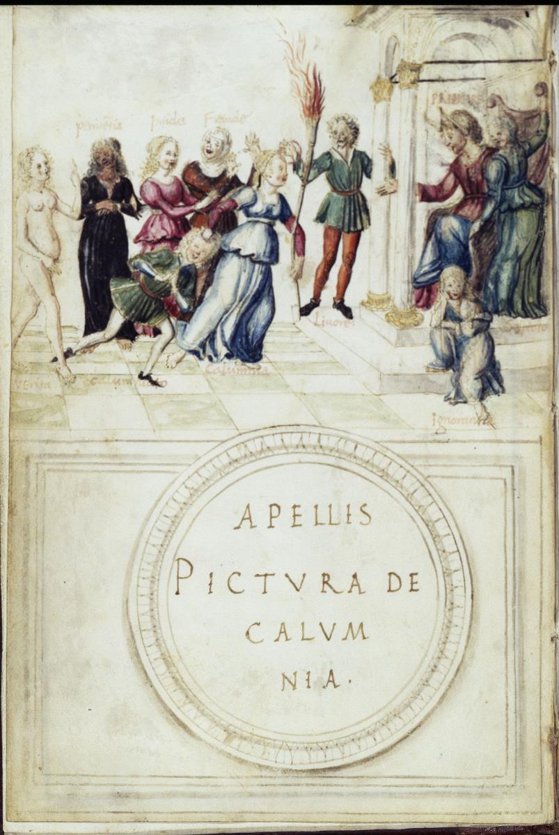 Frontispiz des Buches Calumnia mit der Darstellung der Verleumdung des Apelles
