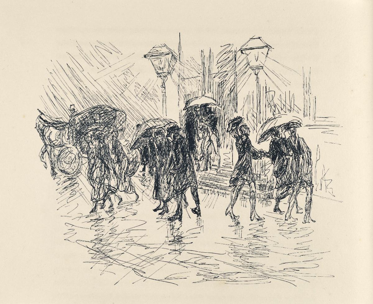 Die Gesellschaft geht in strömendem Regen nach Hause