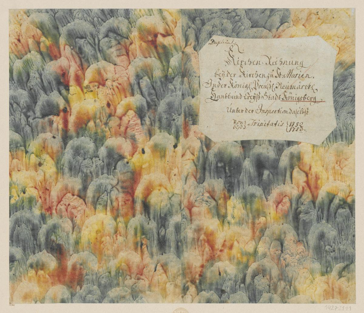 Mehrfarbig geädertes Kleisterpapier (Einband für eine Akte mit Etikett, 1752/1753)