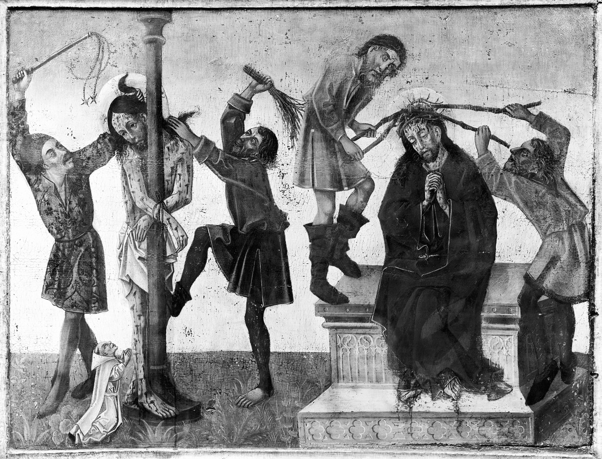 Anbetung der Könige von einem heiligen Bischof und der heiligen Barbara flankiert / Geißelung und Dornenkrönung Christi (Dulderszene)
